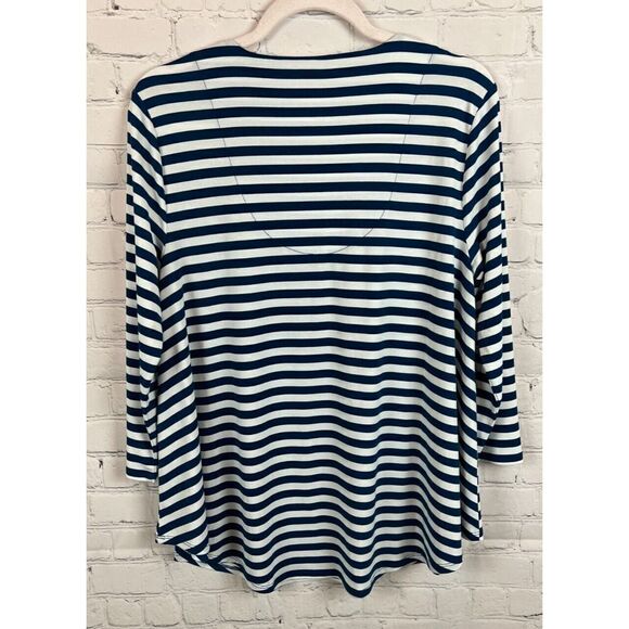 CHICO'S white blue stripes 3/4 sleeve A-line top sweater pullover size 1 8 M - Picture 7 of 7